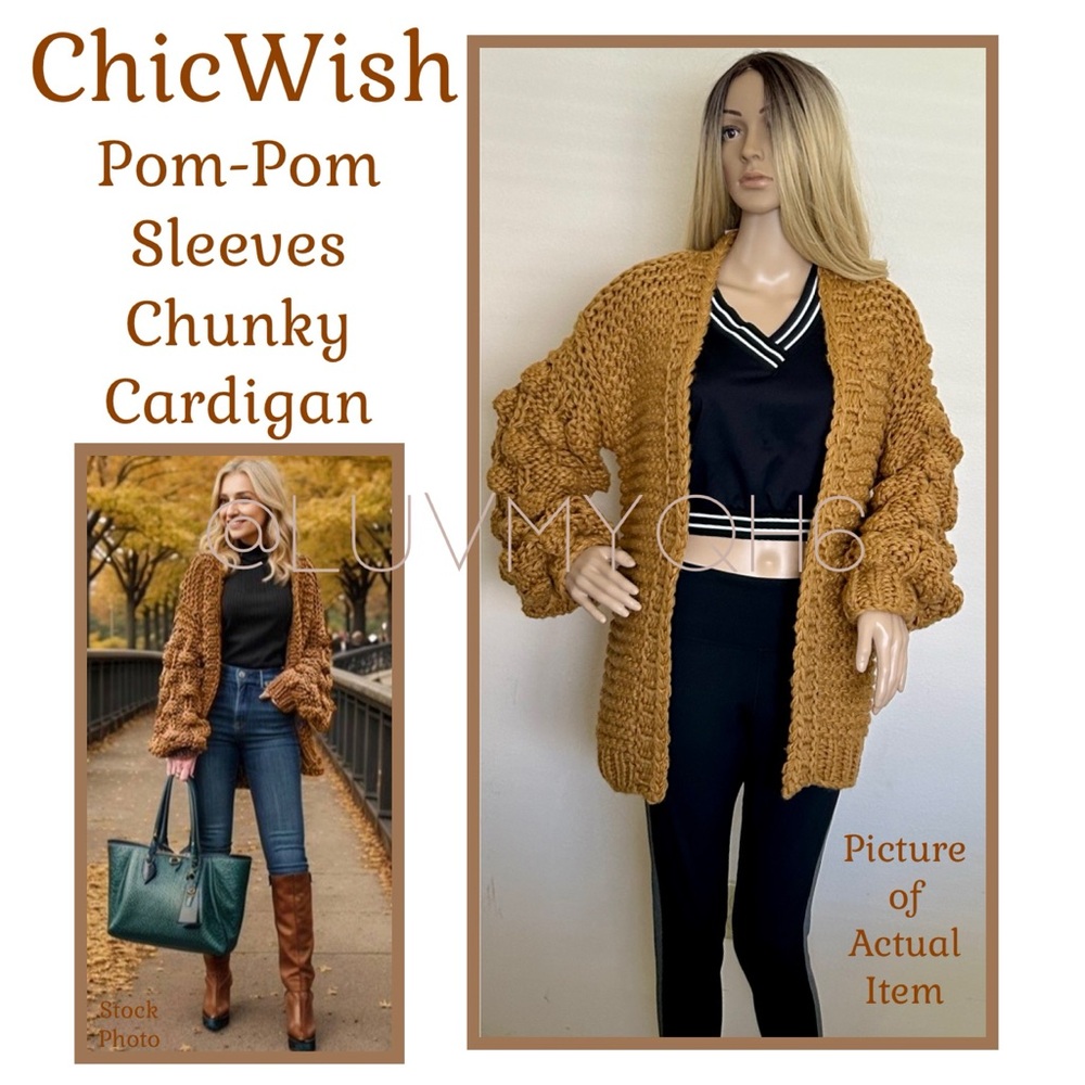 ChicWish Pom-Pom Sleeves Chunky Cardigan
